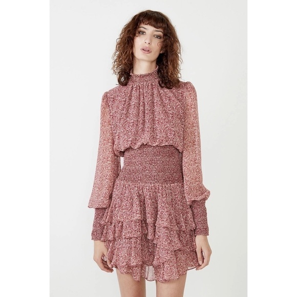 Bardot Dresses & Skirts - Bardot Dress Georgette Soft Floral Tiered Shirred Mini Long Sleeve Pink M